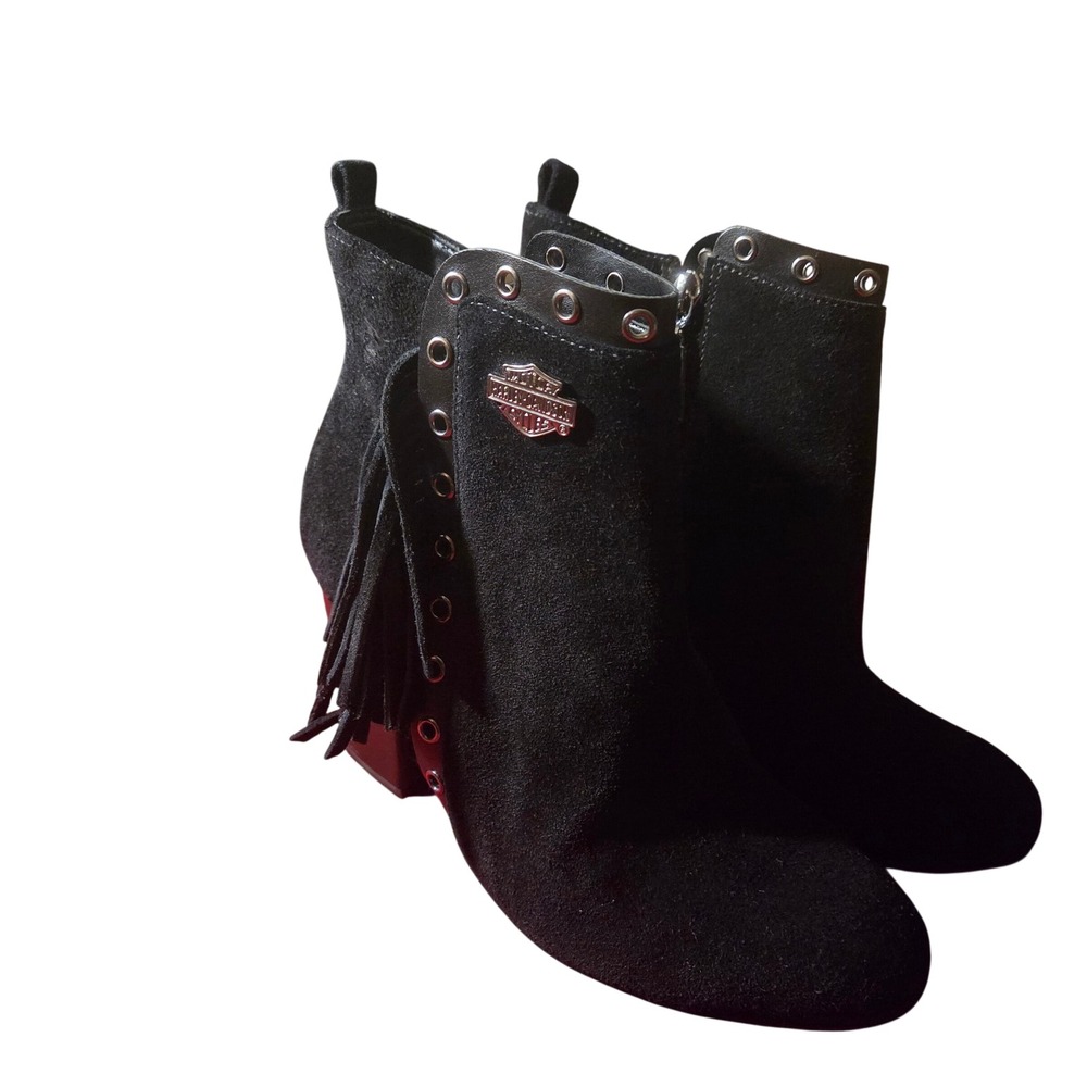 Harley Davidson Black Suede Fringe Ankle Boots D83991 Womens 6 Grommet Heel